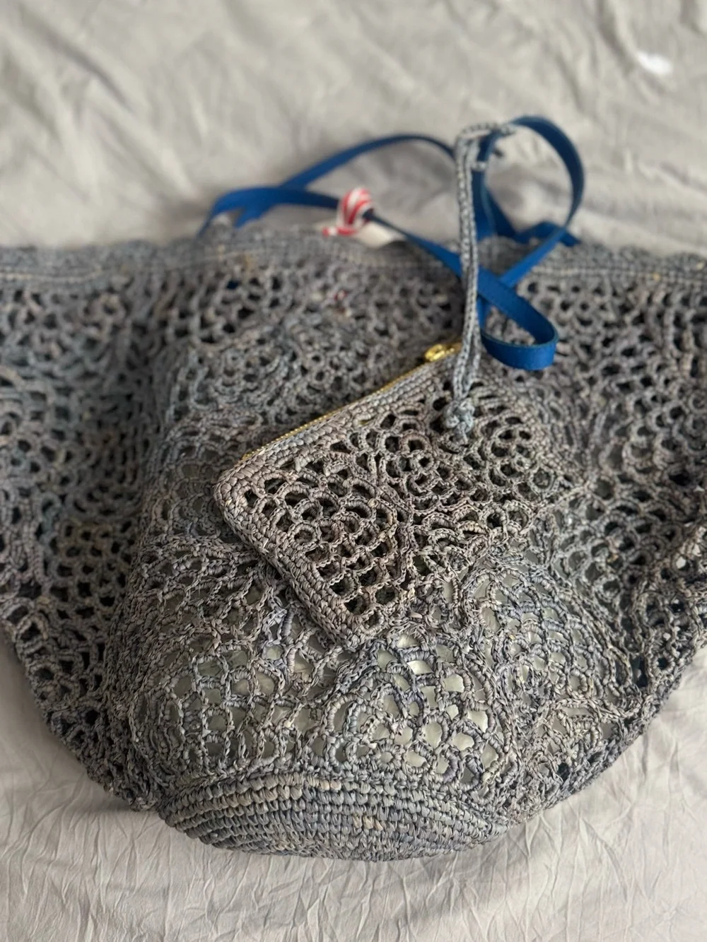 Gray Crochet Tote Bag with Blue Straps